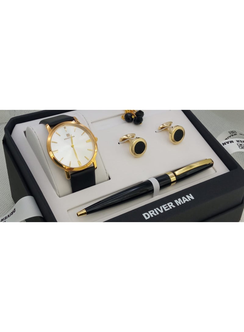 طقم رجالي من الستانلس ستيل مكون من ساعة وسبحة وقلم وازرار اكمام القمصان